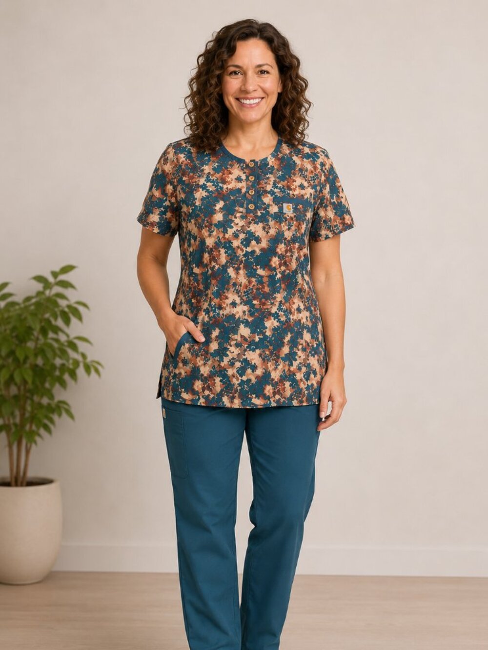 Carhartt Womens Modern Fit Henley Floral Scrub Top 2XL Force Cross-Flex NWT